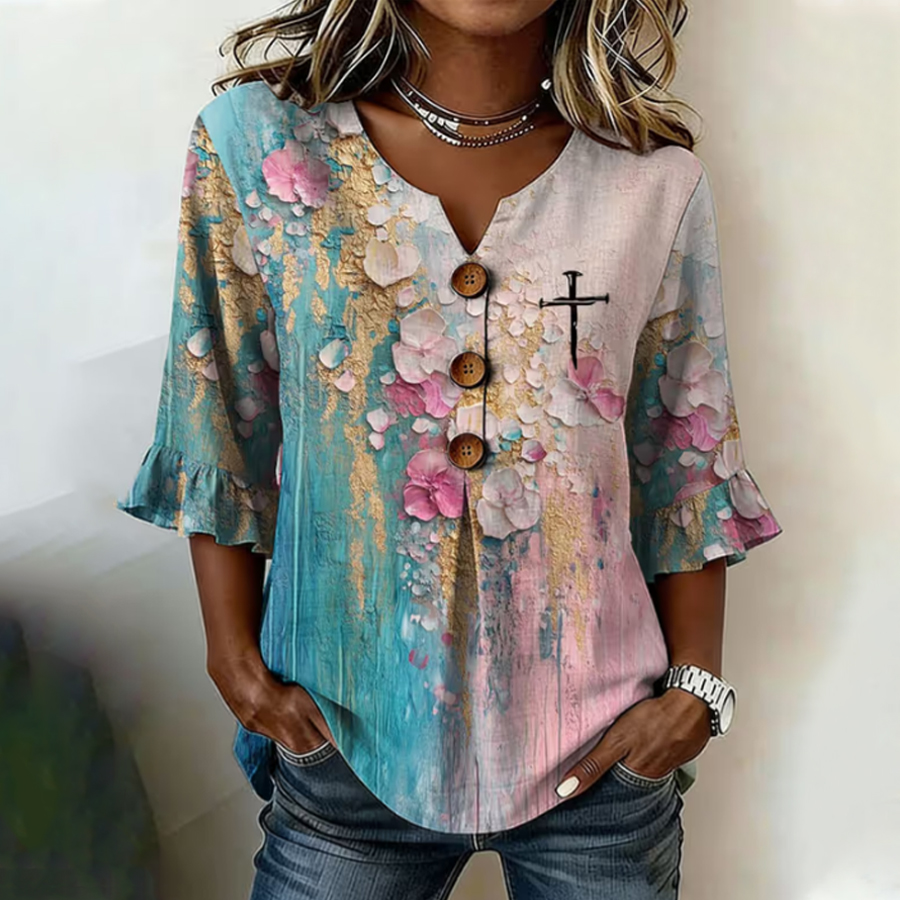 Women's Casual Retro Print Button-Up Shirt