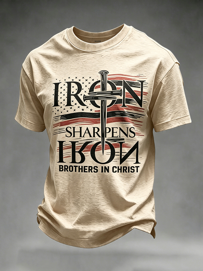 Men's Iron Sharpens Iron Brothers In Christ USA Flag Christian T-Shirt