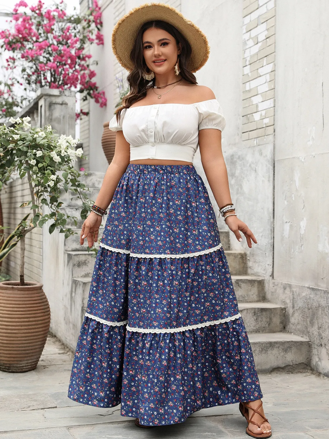 Floral Elastic Waist Maxi Skirt