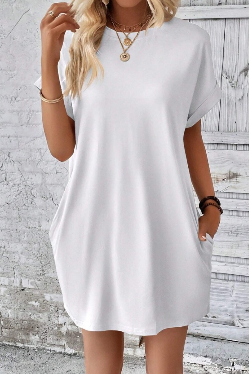Casual Minimalist Round Neck Roll Up Sleeve Dress