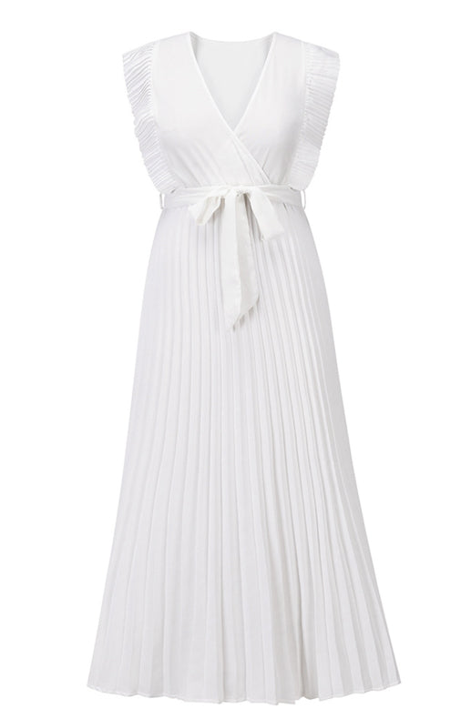 Slim Fit Lotus Leaf Sleeve Chiffon Pleated Skirt Solid Color Dress