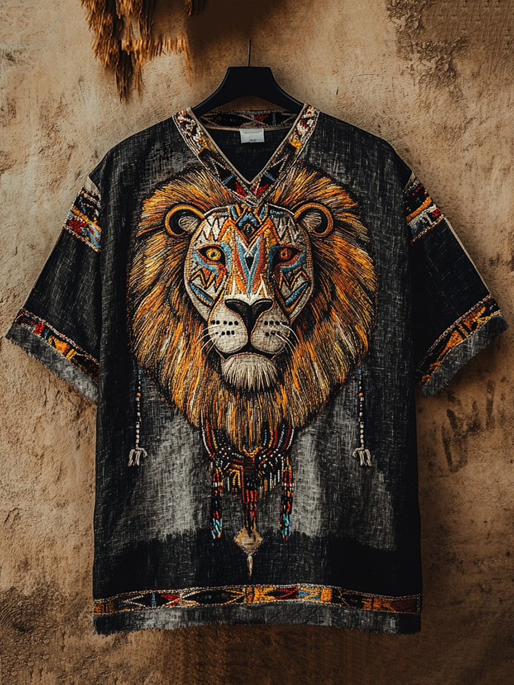 Men's African Lion Mask Art Cotton And Linen V-neck T-shirt
