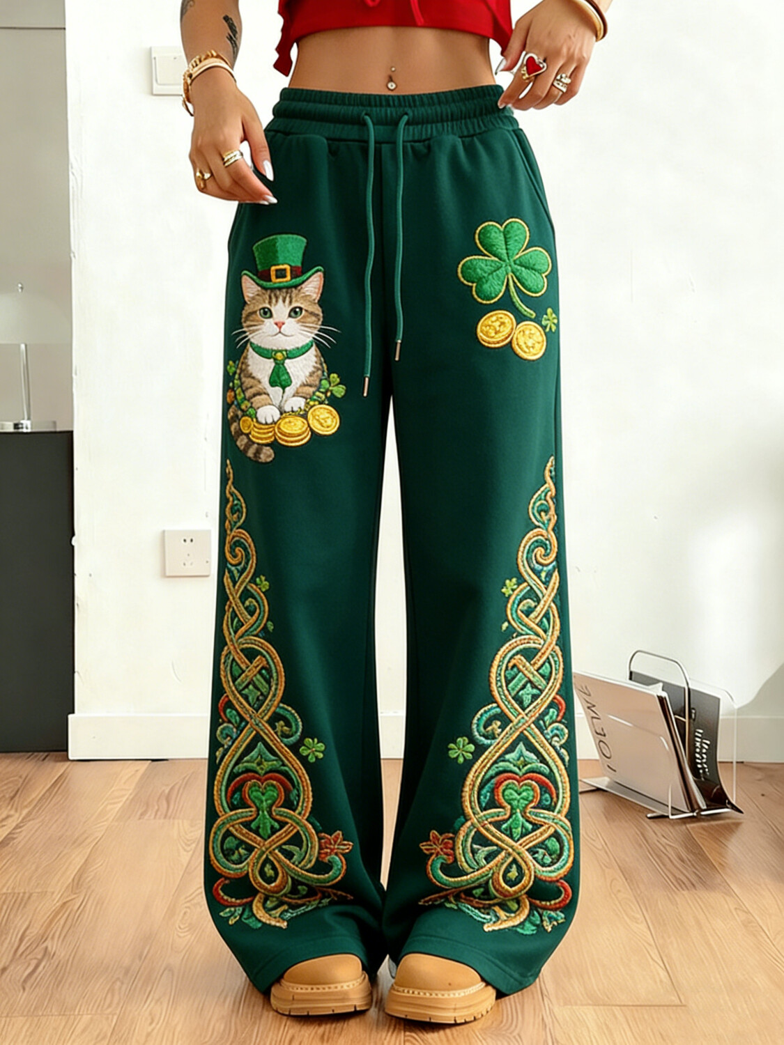 Women's St. Patrick's Day Leprechaun Cat Celtic Knotwork Art Print Loose Fit Sweatpants