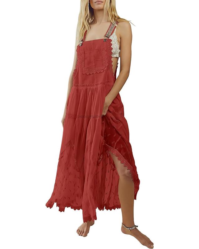 Ebossy Women's Basic Minimalist Sleeveless Laced Embroidered Tulle Bib Dress Casual Loose Adjustable Straps Maxi Dress Womenswear Boho Style