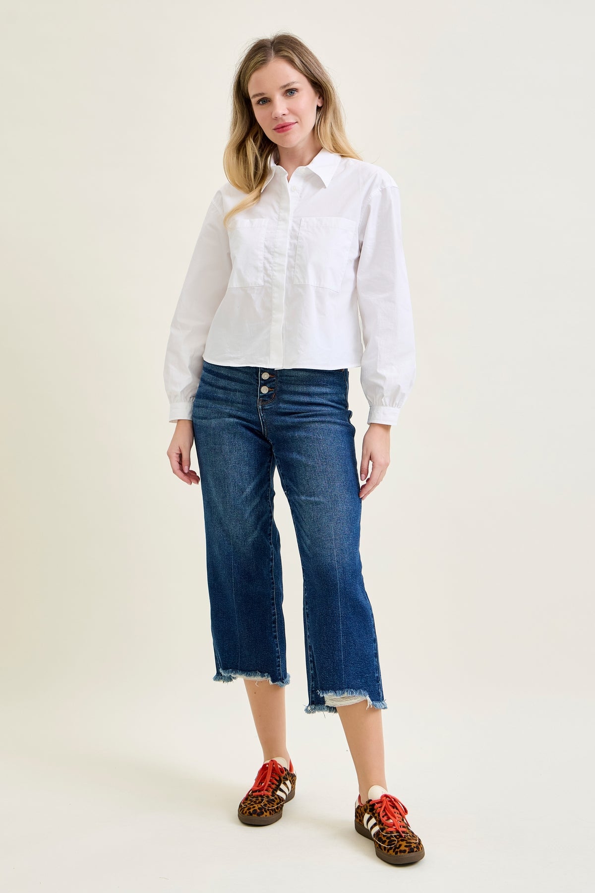 Dottie Button Fly Distressed Hem Crop Wide