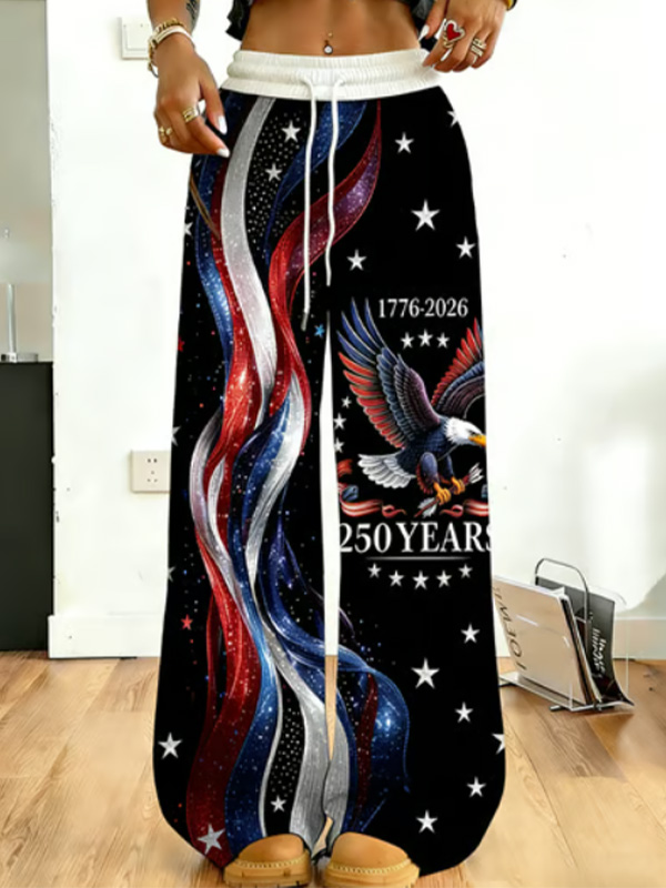 Women's 250 Eagle Stars Stripes Graphic Print Drawstring Casual Pants