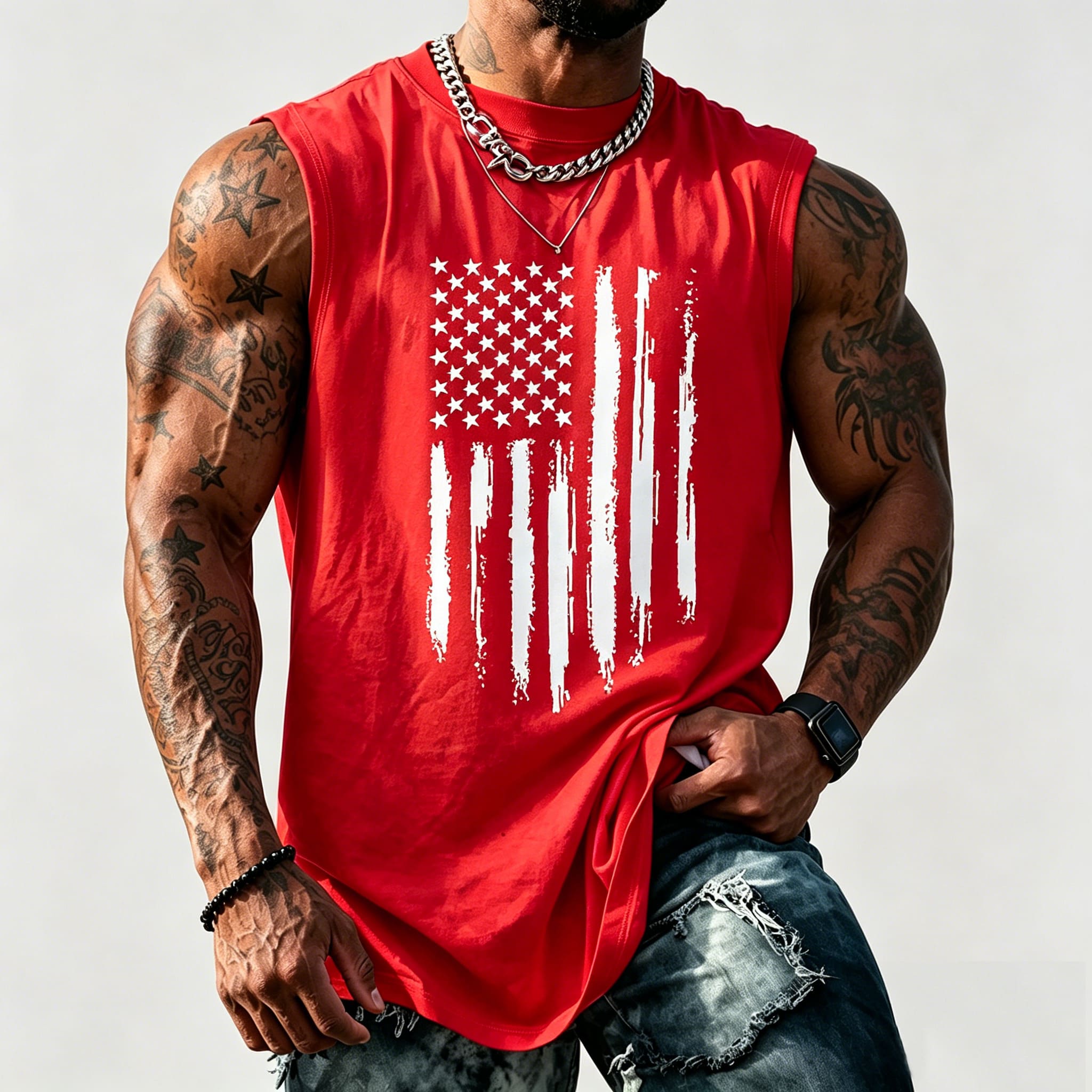 Men's American Flag Graphic Print Crew Neck Fitted Tank Top Vest