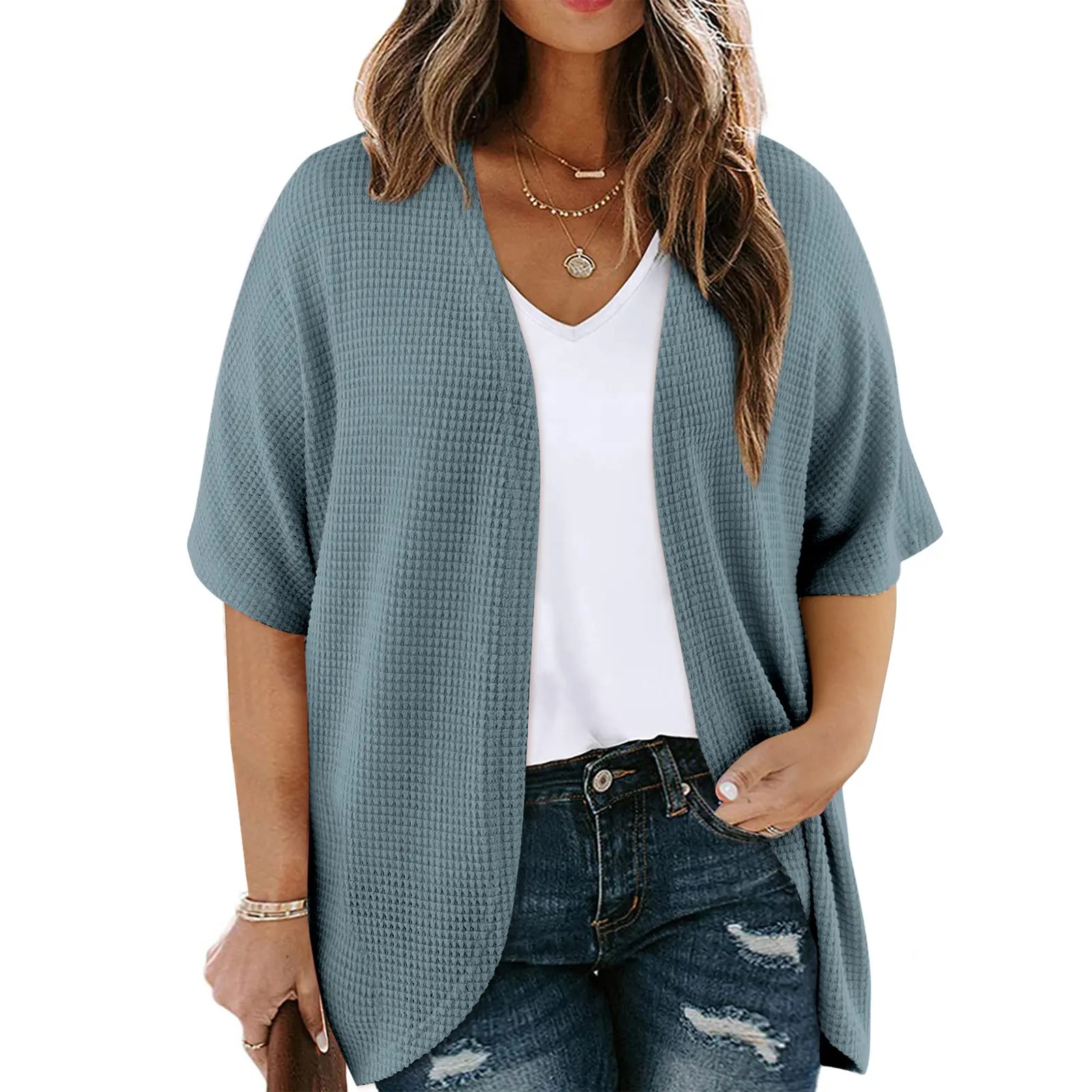 Women's Plus Size Cardigan Casual Short Sleeve Waffle Knit Kimono Open Front Tops(1X-5X)