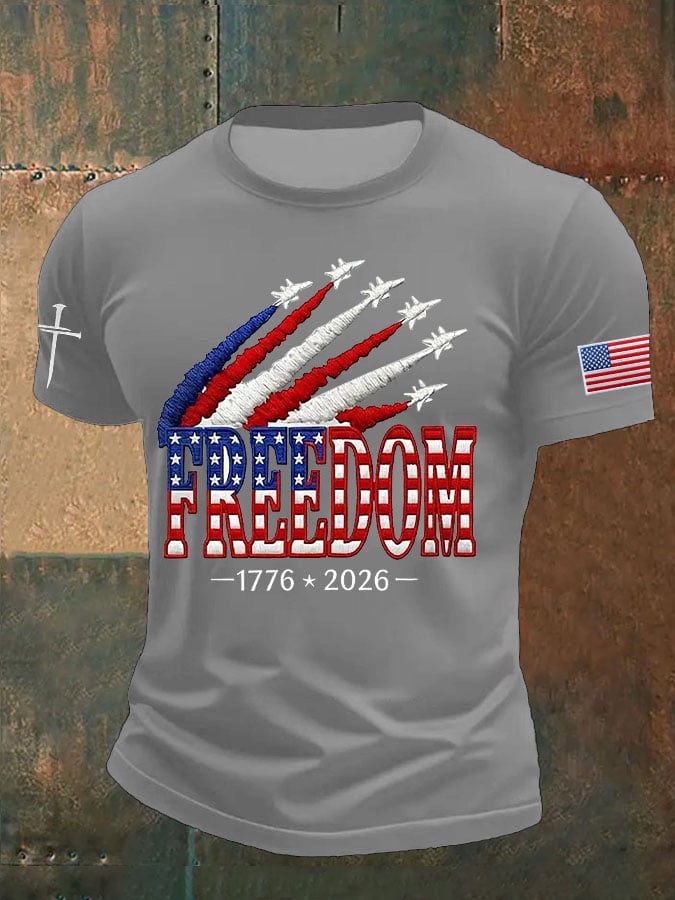 Men's Retro Freedom American Flag Cross Print Round Neck T-Shirt