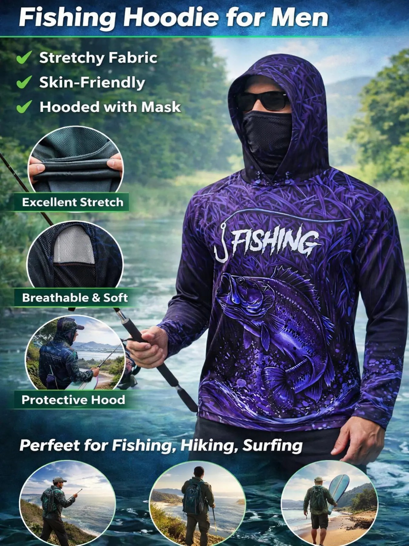 Men’s Hooded Fishing Shirt with Face Mask – UV Protection Gradient Outdoor Hoodie