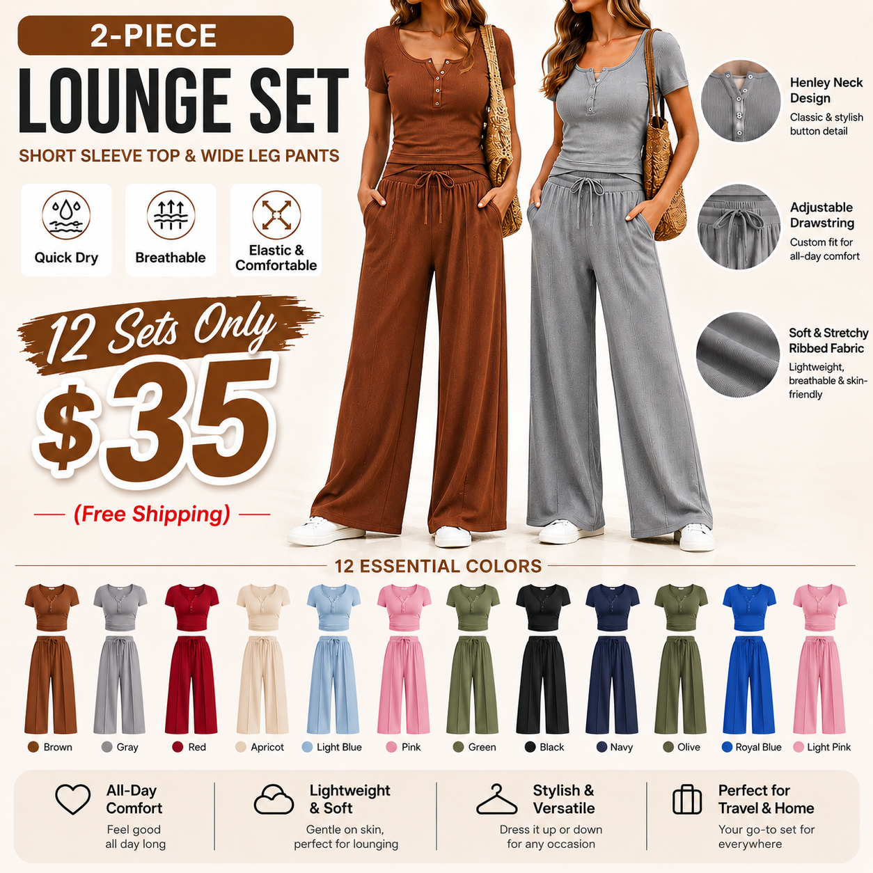 Women's Ribbed Crop Top & Wide Leg Pants Lounge Set