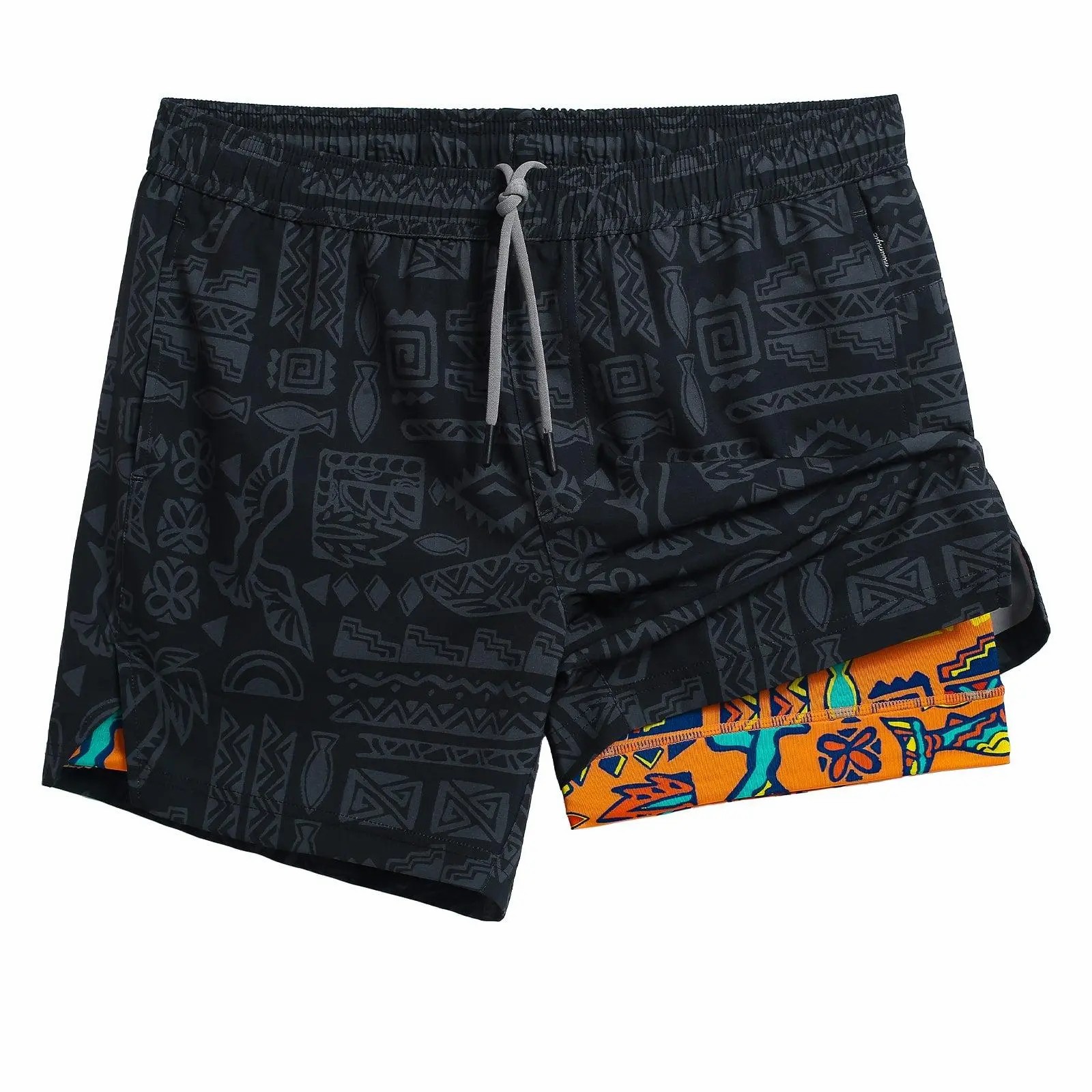 2 in 1 Stretch Short Lined Black Mayan Gym Shorts, Breathable Comfort Workout Athletic Training Shorts with Phone Pockets