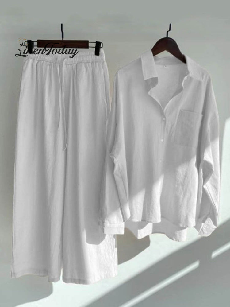 Women's Solid Color Loose Elegant High Waist Casual Cotton And Linen Suit