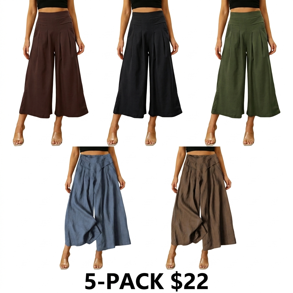 Women's Cotton Linen Wide Leg Culottes – Elastic Waist, Pockets, Minimalist Casual Capri Pants