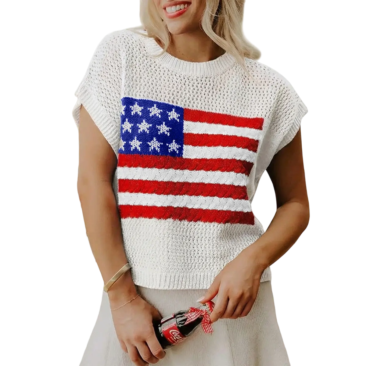 Women's American Flag Graphic Relaxed Fit Short Sleeve Knit Sweater Top