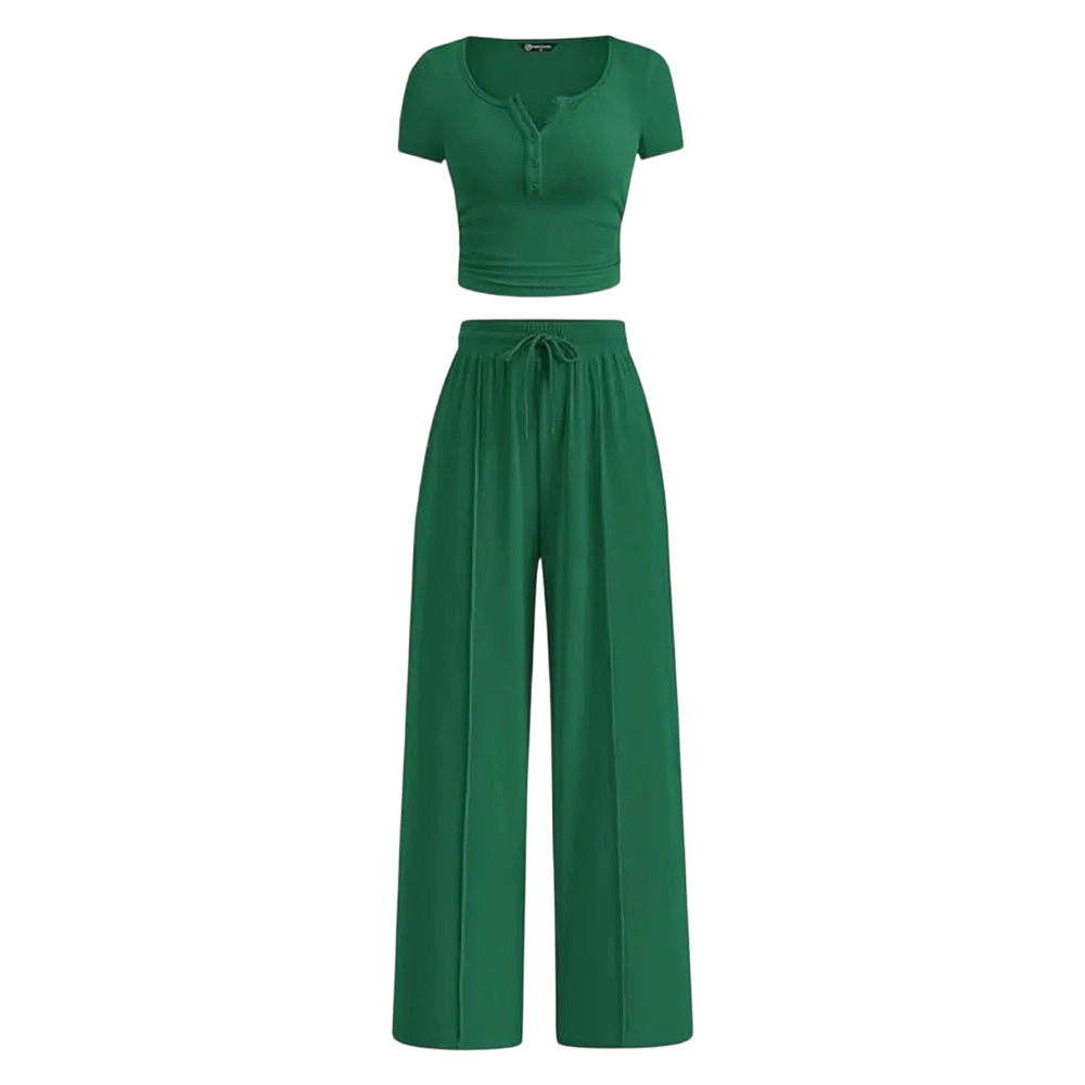 🔥Women’s Ribbed Knit 2-Piece Lounge Set – Button Crop Top & Wide Leg Pants