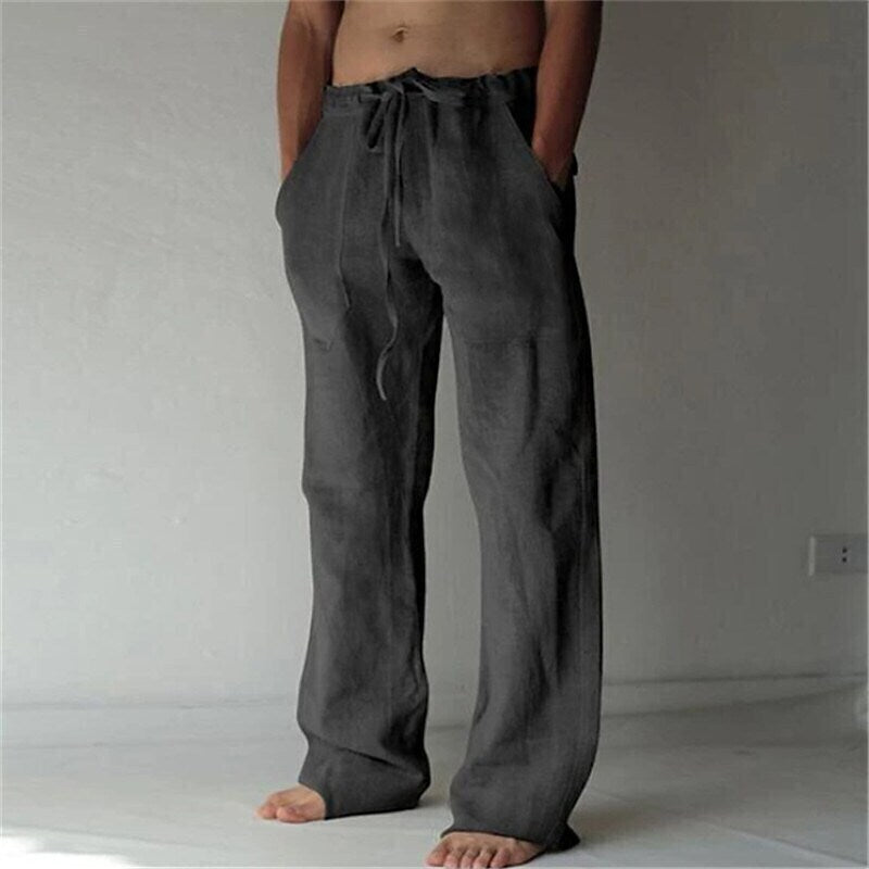 Men's Linen Casual Pants Solid Color Fashion Straight-Leg Trousers Baggy Pants With Pockets Drawstring Elastic Waist Design Beach Pants Daily Yoga Comfort Soft Mid Waist Green White Khaki 3XL