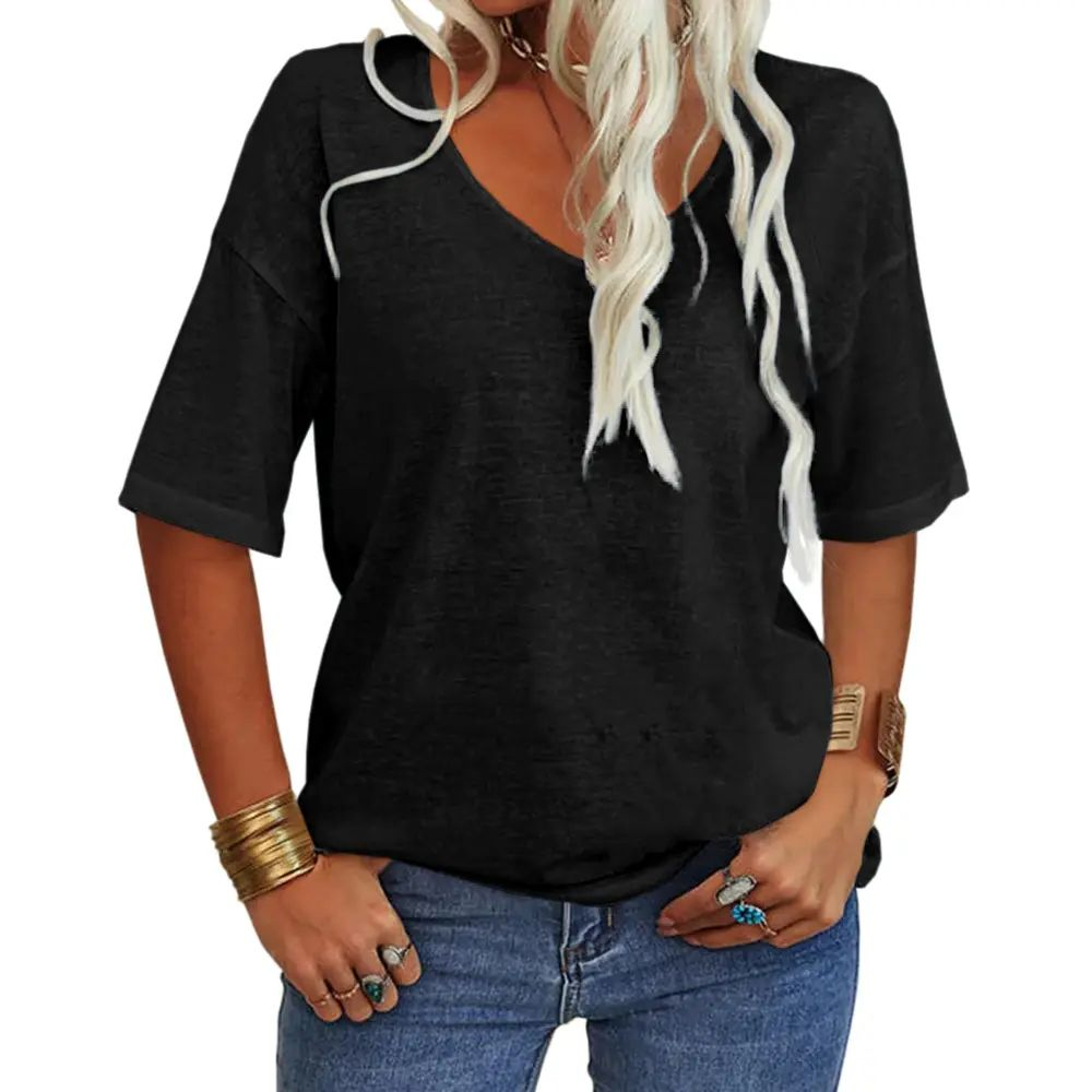 Women’s Soft V-Neck Half Sleeve T-Shirt – Lightweight Loose Fit Casual Everyday Top