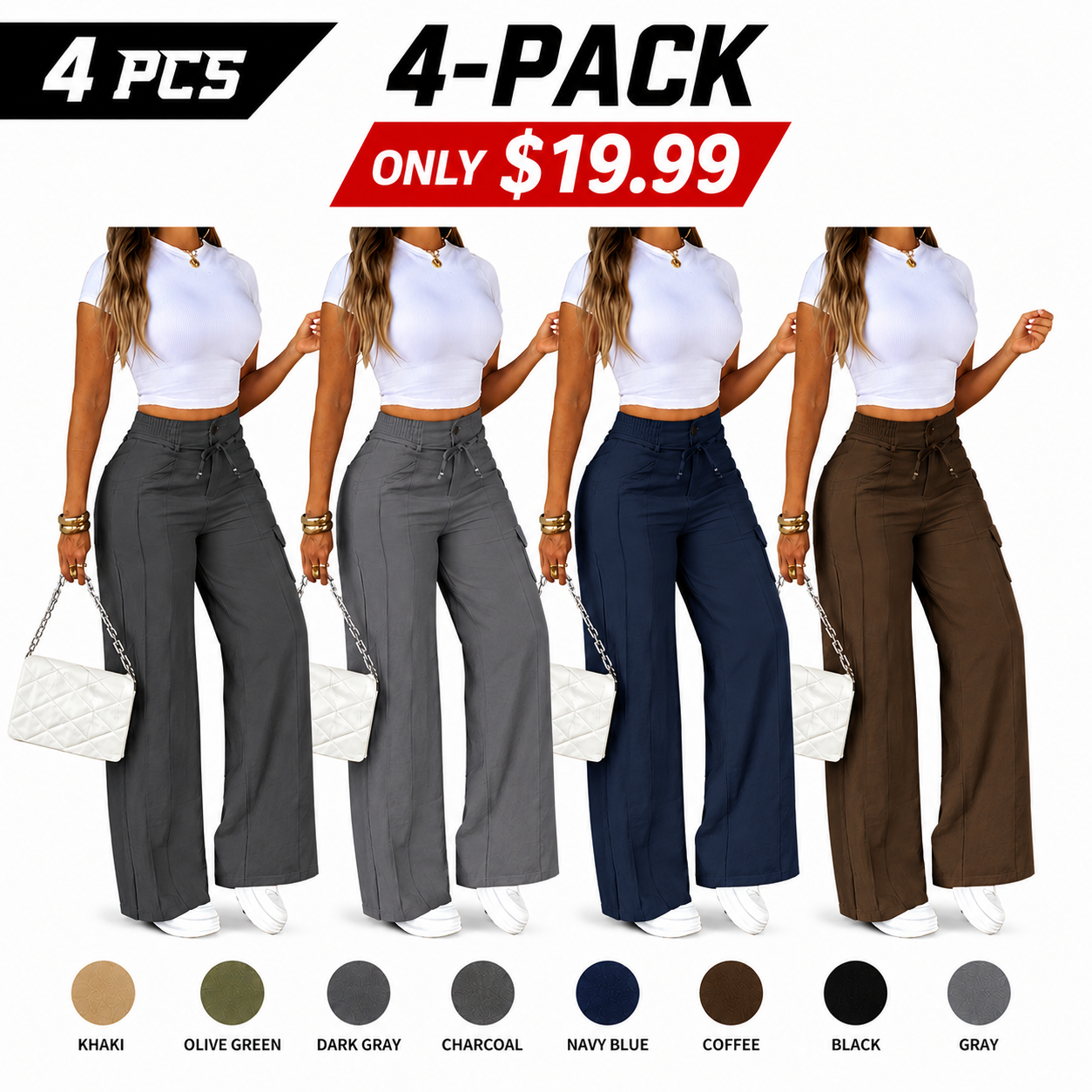 Women's casual wide-leg trousers with vertical pleats.