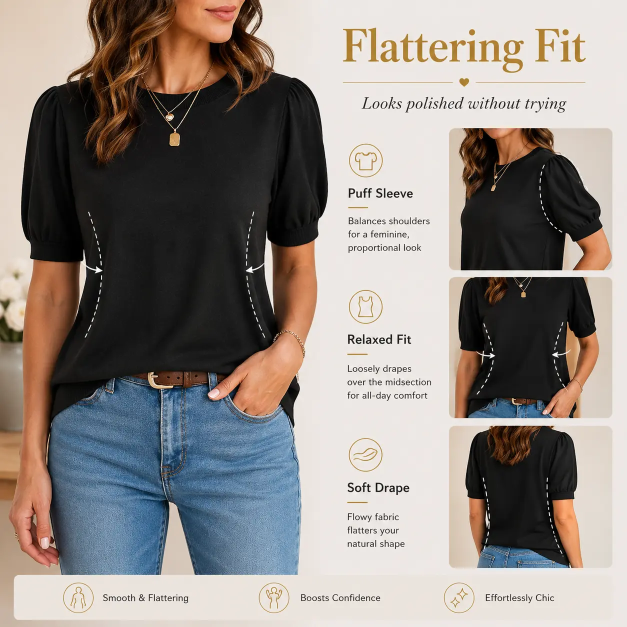 Women's Puff Short Sleeve Lightweight Knit Top Soft Breathable