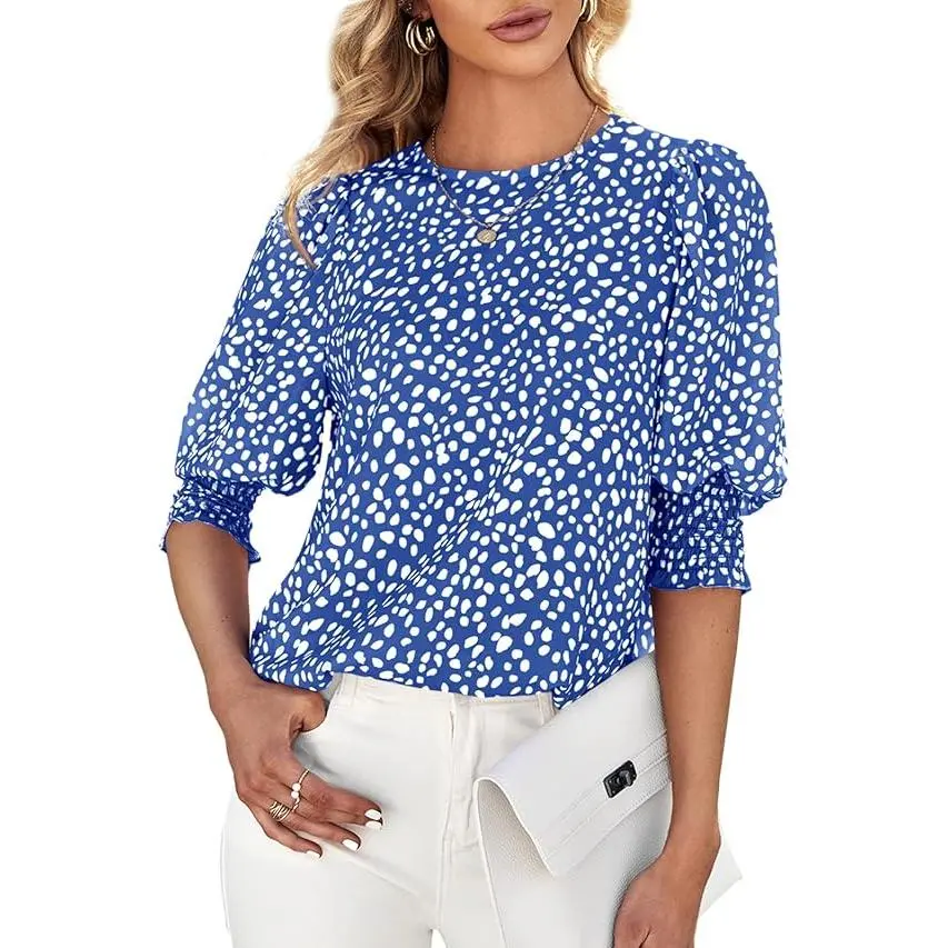 Women's Polka Dot 3/4 Sleeve Blouse Tops Ladies Casual Office Work Crew Neck T-Shirt