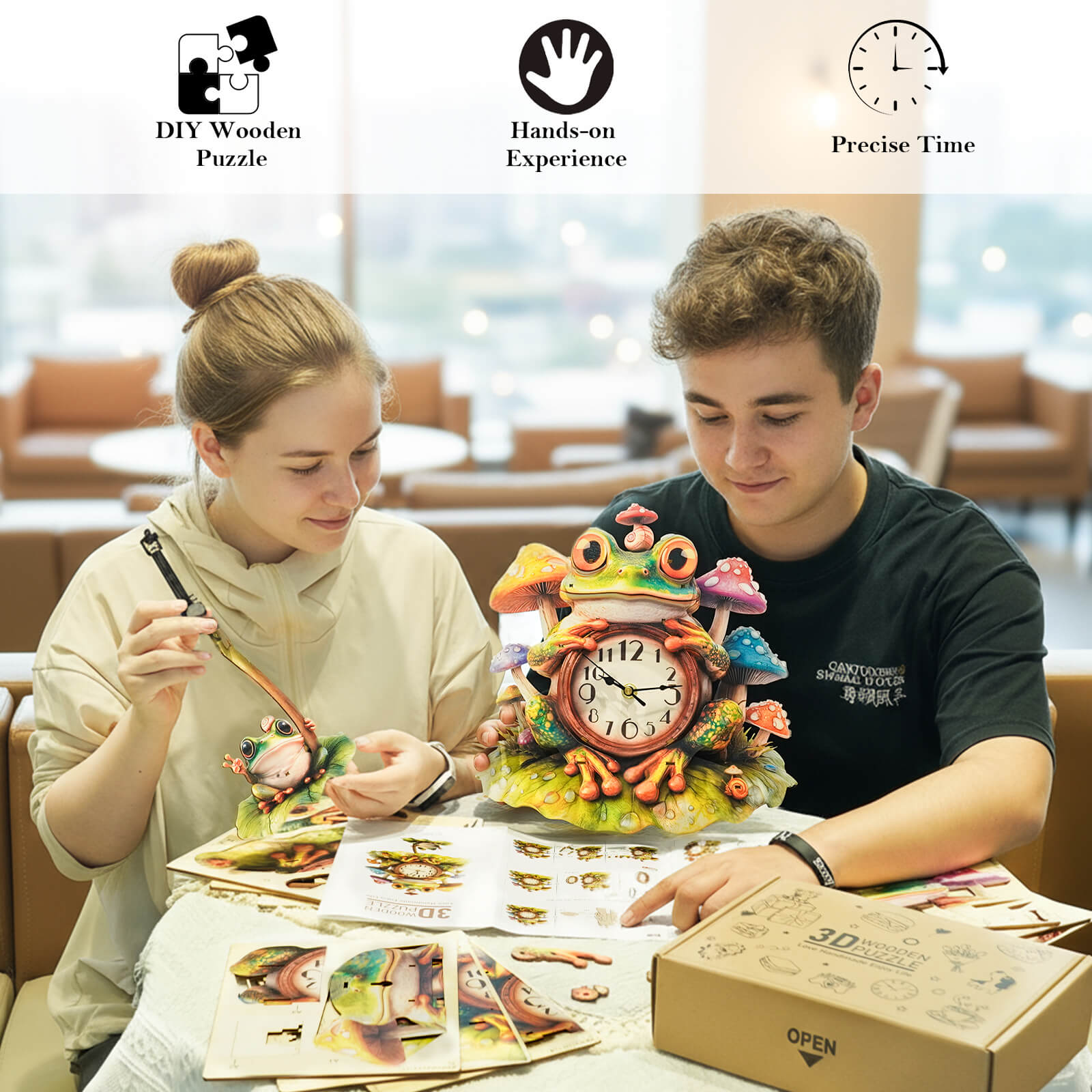 FrogDIY Wooden Clock, 3D Puzzle Craft Kit