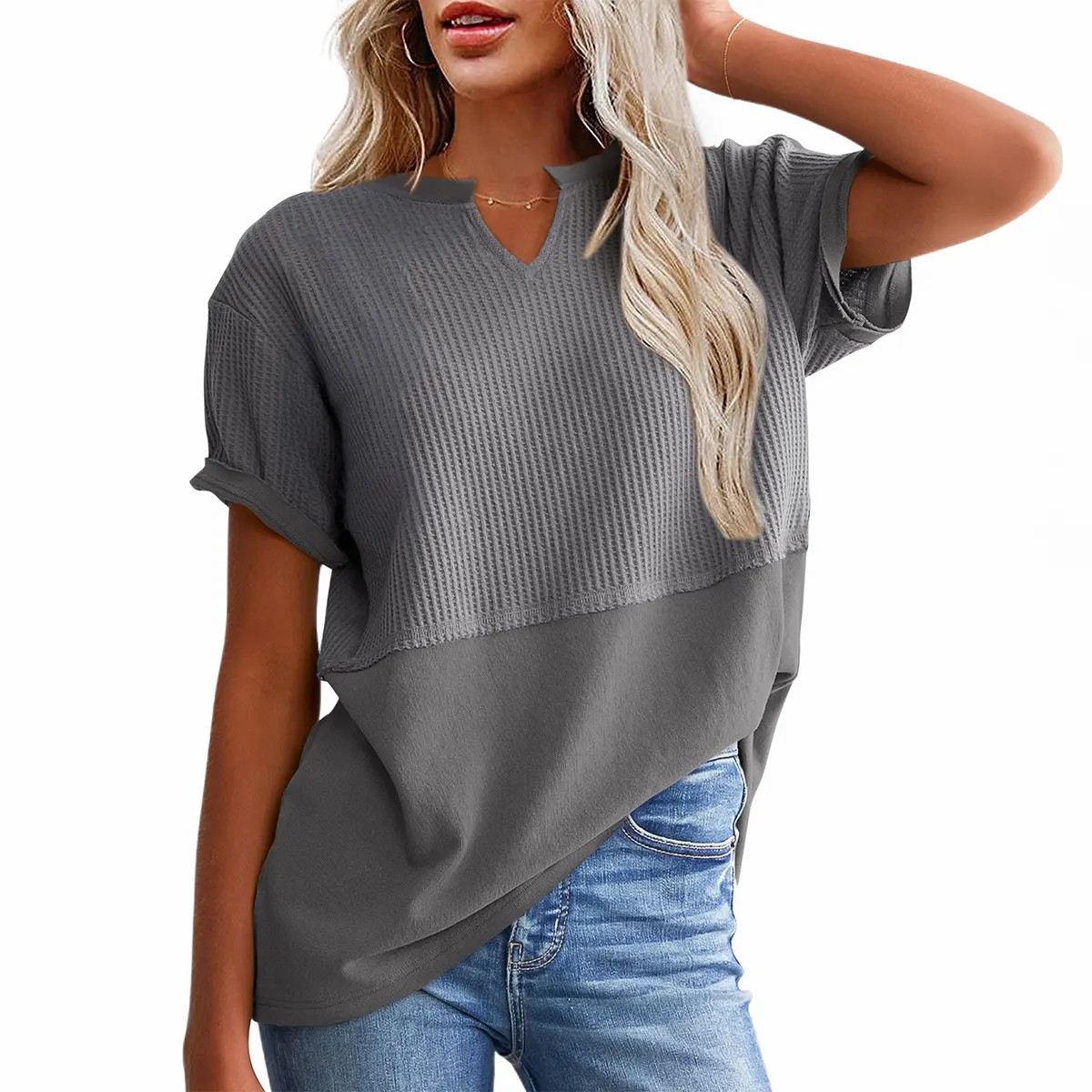 🌸 Waffle Knit V-Neck Casual Blouse