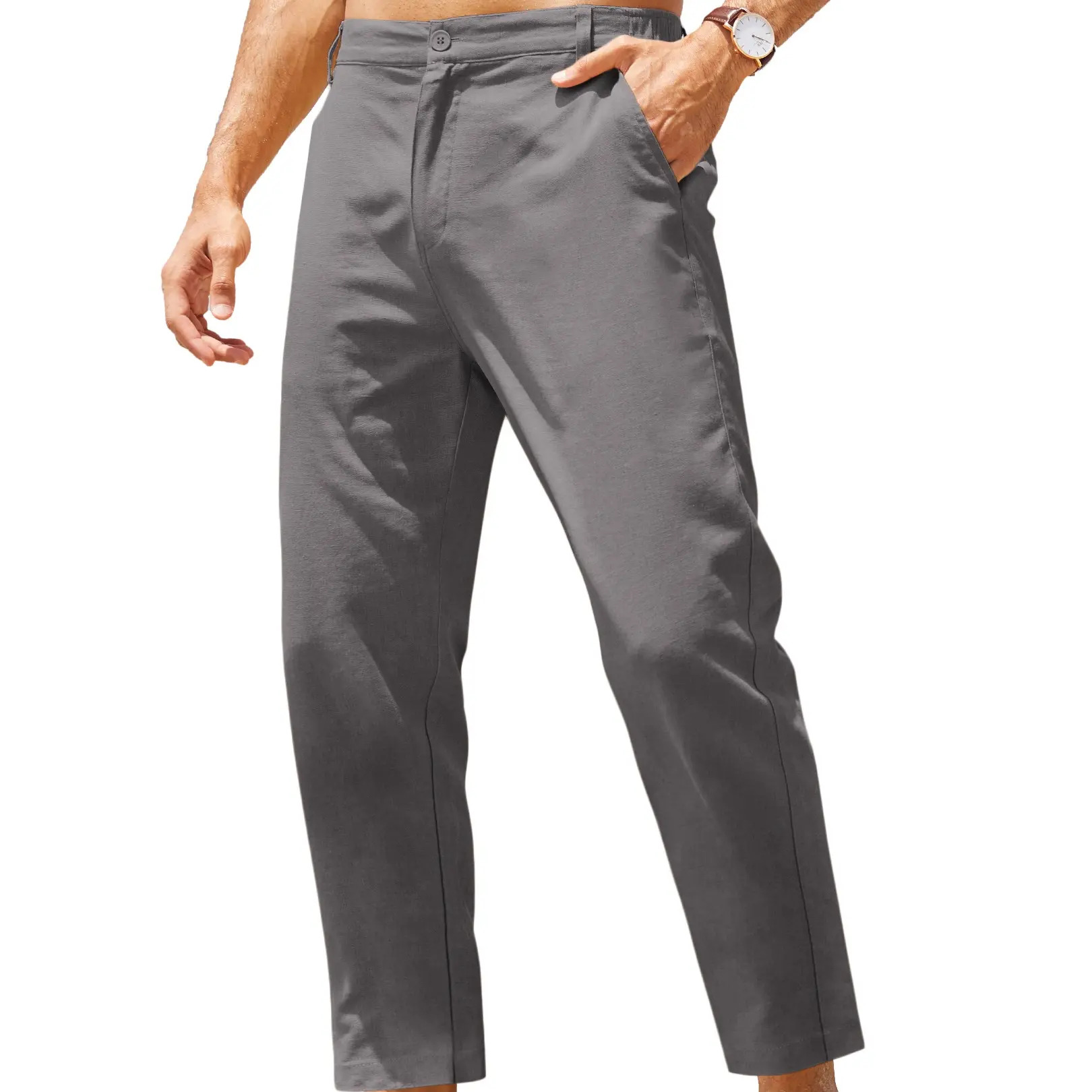 Men's Cotton-Linen Trousers — Elastic Waist, Lightweight Casual Pants, Slim Fit, Yoga & Beach Pants (With Pockets)
