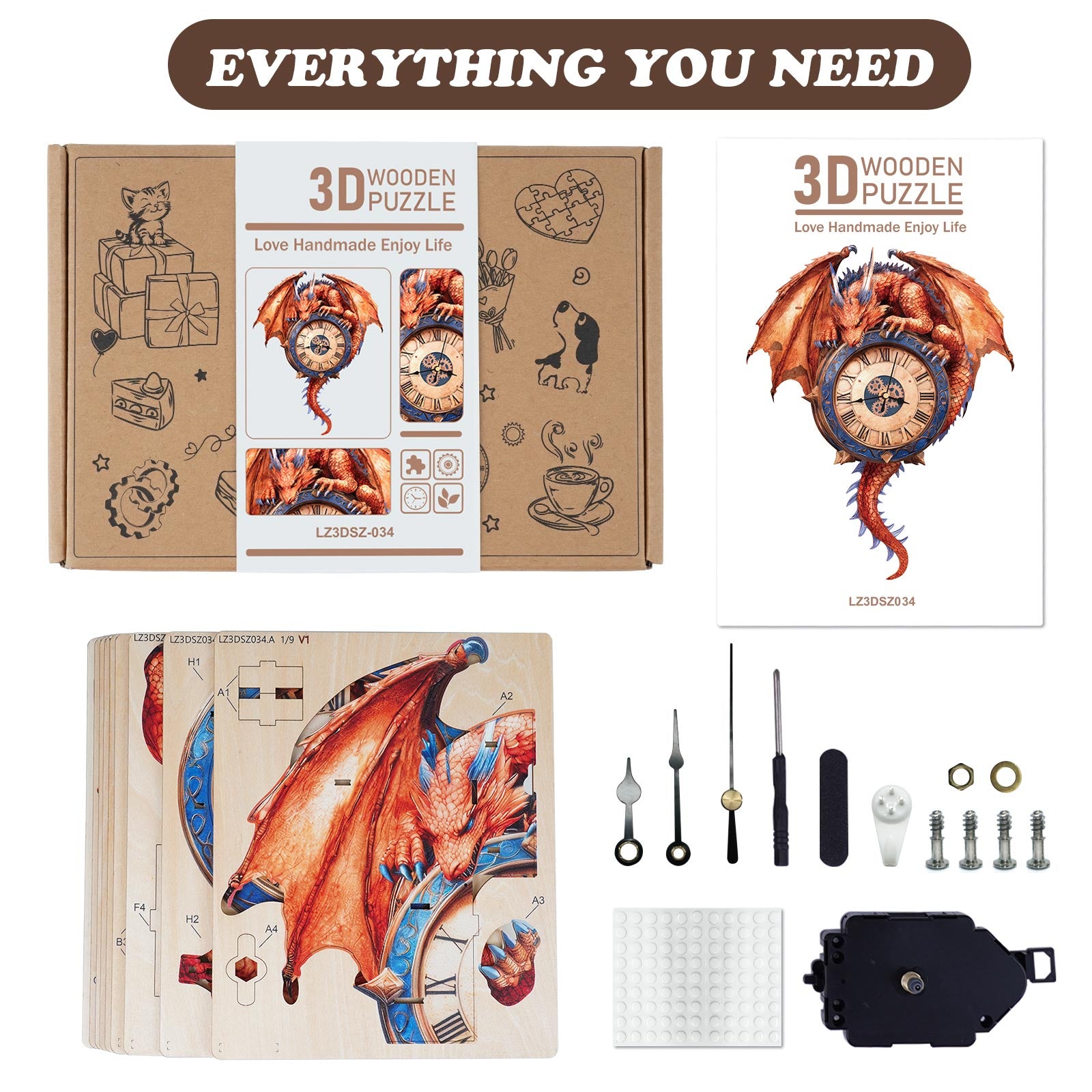 Flame DragonDIY Wooden Clock, 3D Puzzle Craft Kit