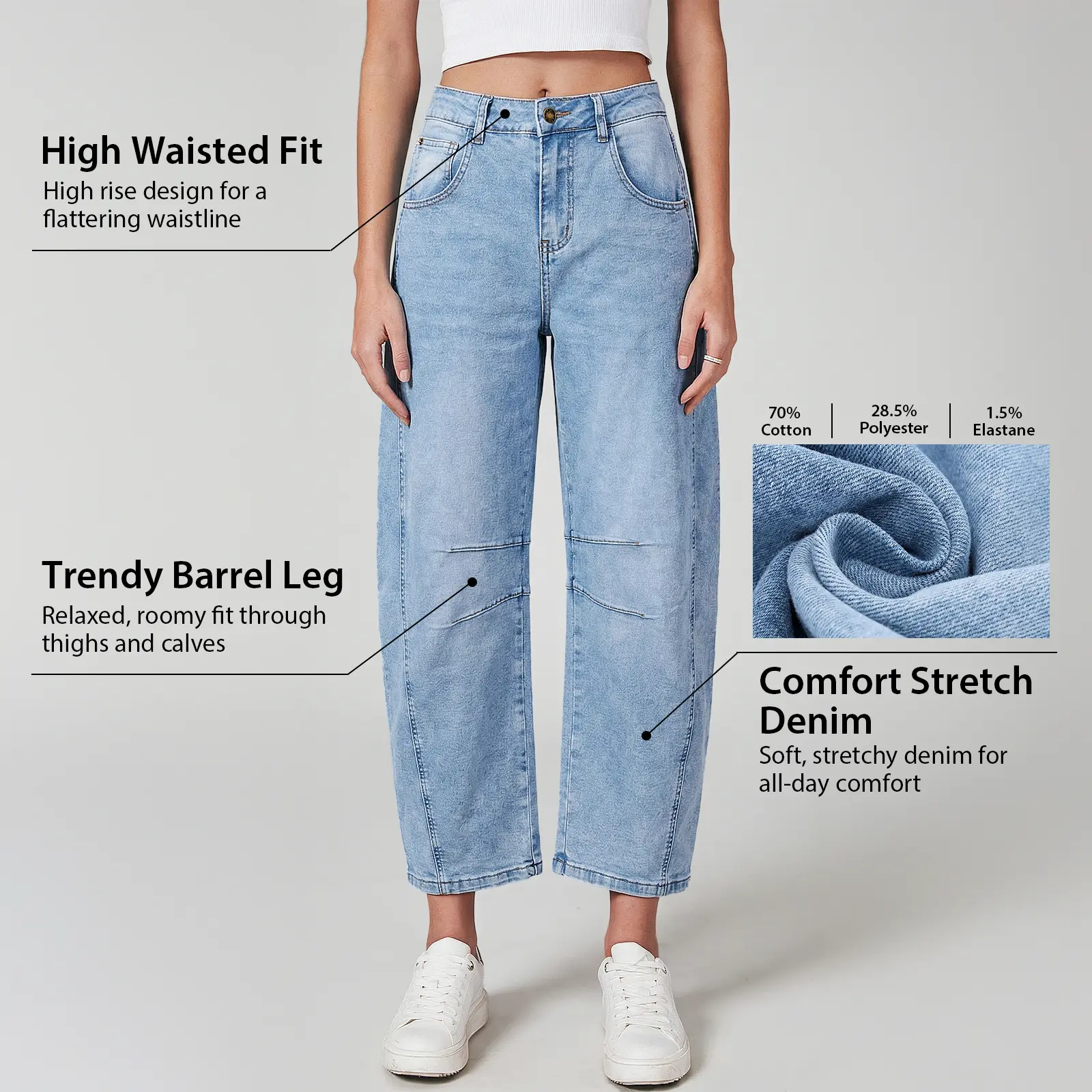 Women’s High‑Waisted Wide‑Leg Barrel Jeans (Stretch Denim Comfort)