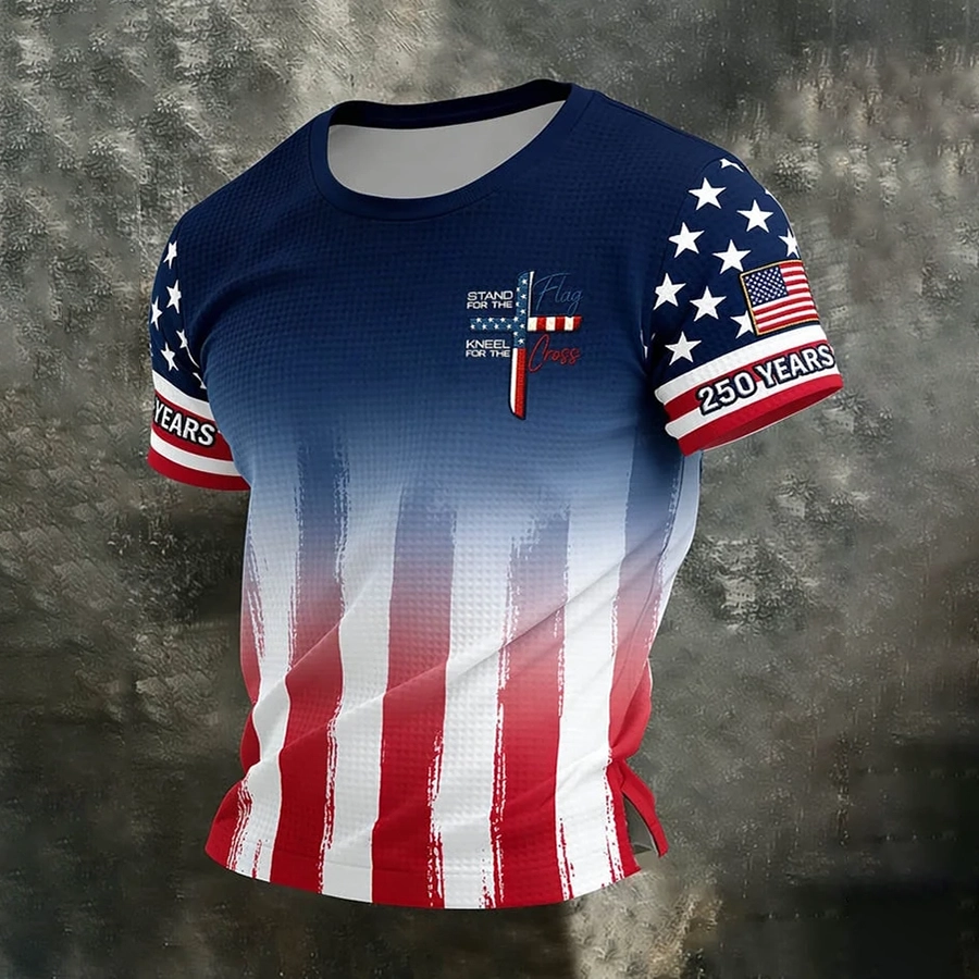 Men'S Casual Flag Faith Cross Round Neck T-Shirt