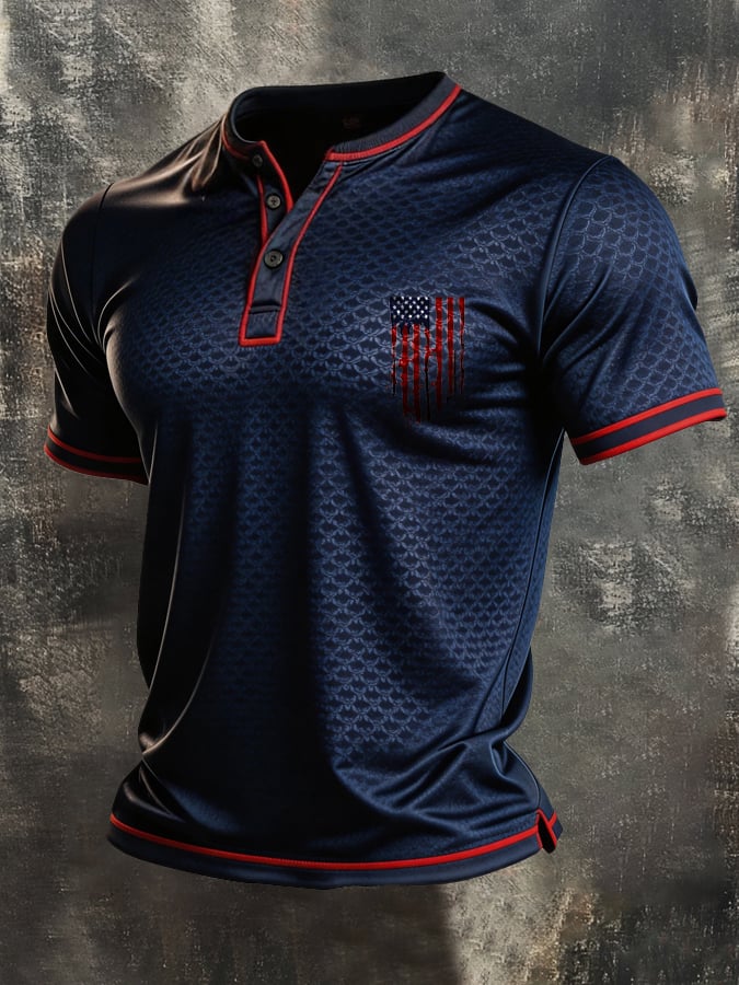 Men's Retro Patriotic Color-Block Short-Sleeve Henley T-Shirt