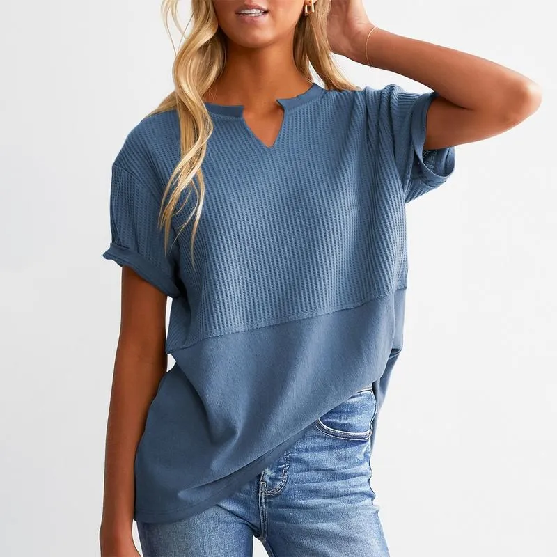 2026 Spring/Summer Cozy Oversized Waffle Knit V-Neck Top Women's Short Sleeve Pullover