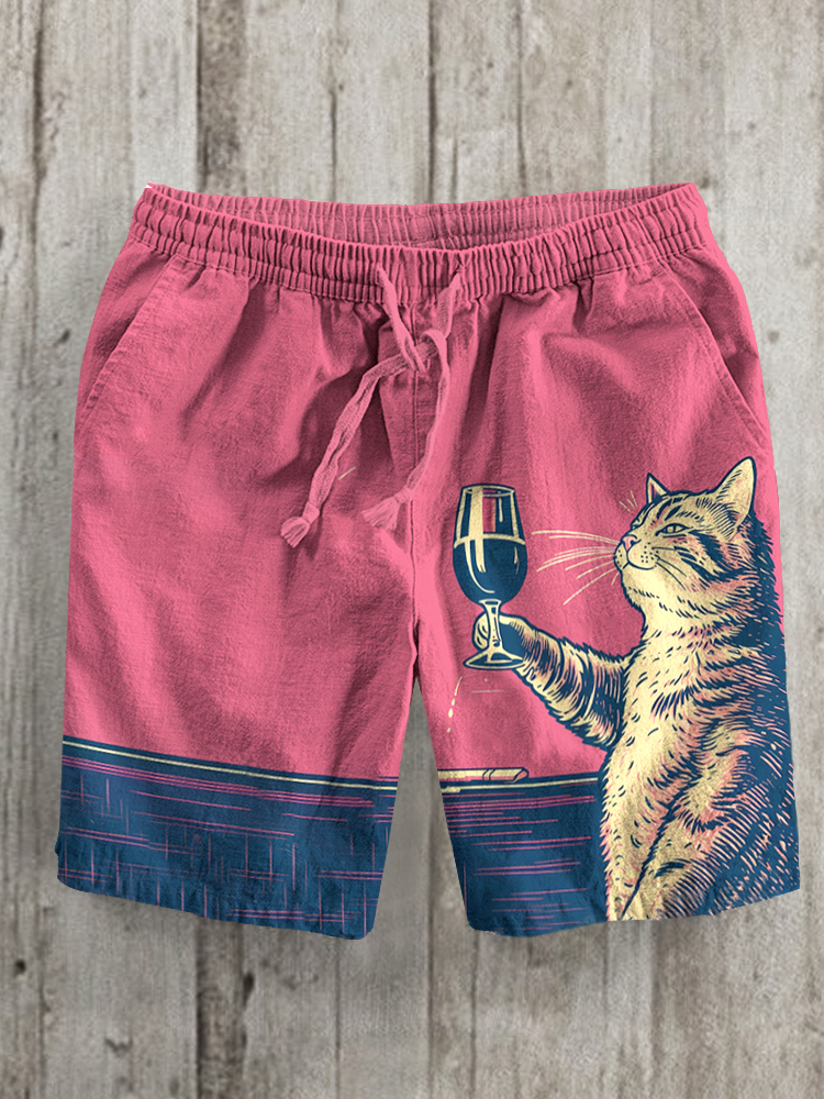 Men's Cat Chilling With Red Wine Print Casual Shorts