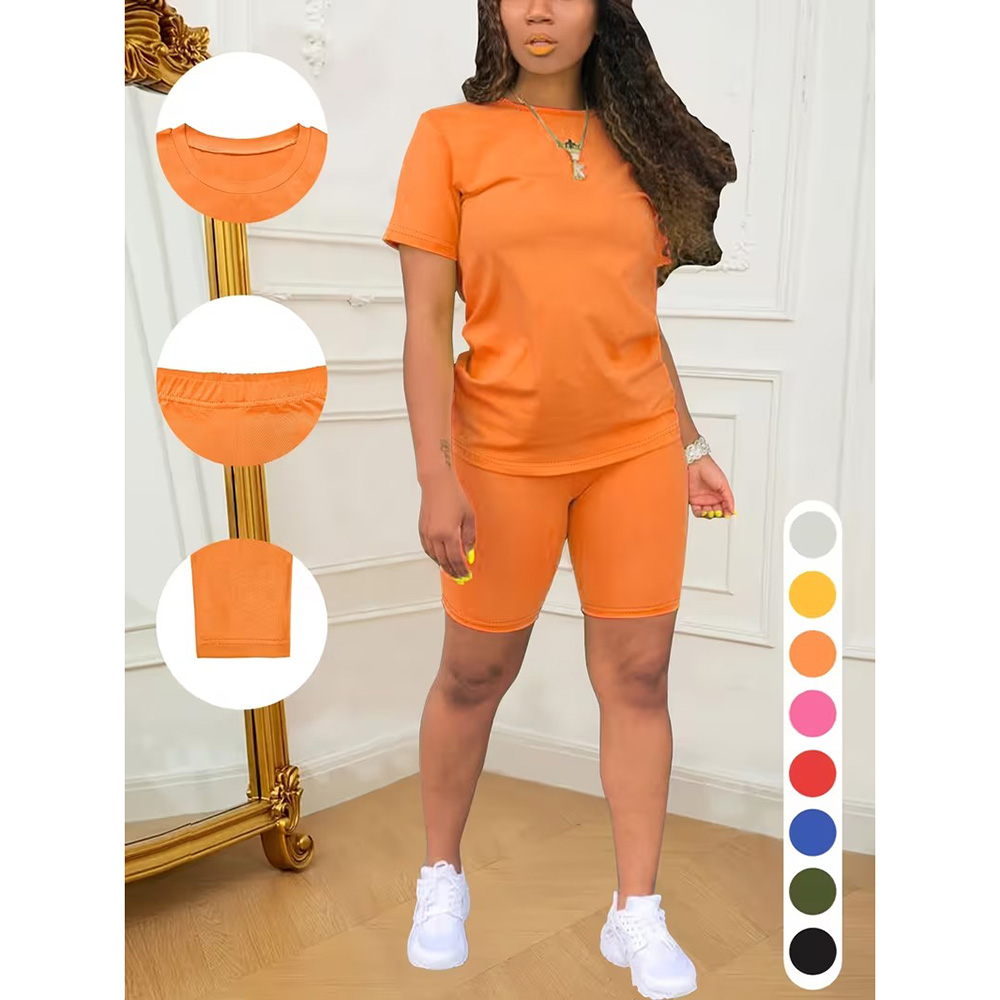Two-Piece Set Fitted Plain Round Neck Tee & Skinny Shorts Set