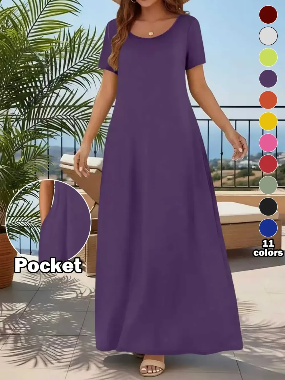 Women's Casual Commuter Plain Minimalist Short Sleeve Dress with Pockets, Loose Fit Summer & Fall, Essential Beachwear