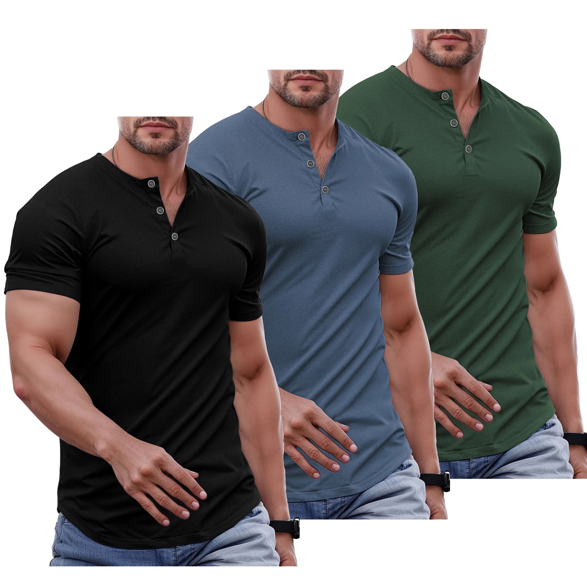Men's Plain Muscle Slim Fitted Henley Shirts Crewneck Longline T-Shirt Gym Workout Athletic Shirt Tees