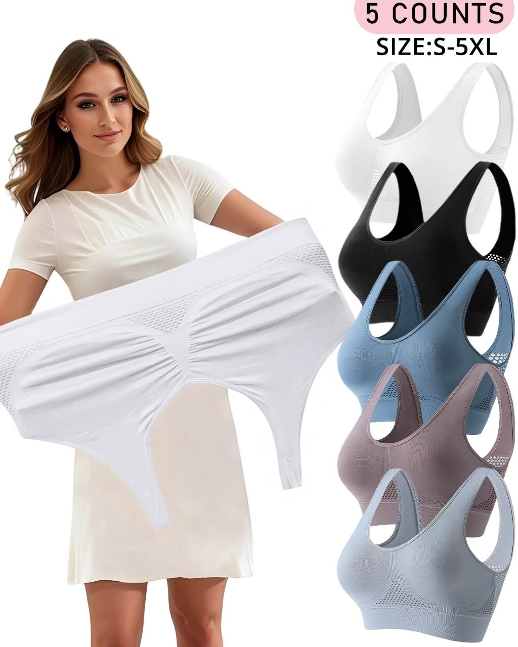 🔥Plus Size Up to 5XL🔥Curvy Breathable Hollow Out Wireless Bra (5 Pack)
