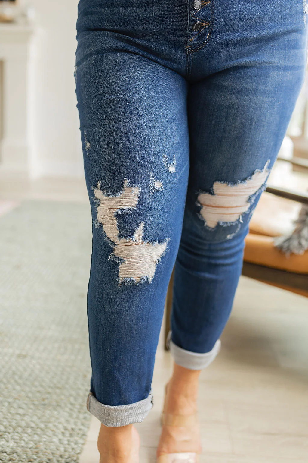 High Rise Button Fly Distressed Boyfriend Jeans