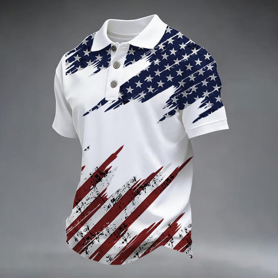 Men'S Retro American Flag Independence Day Print Casual Polo Shirt