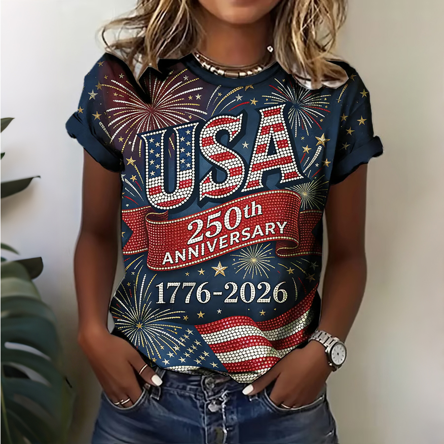 Women'S Casual Floral 250Th Anniversary Celebration Printed Round Neck T-Shirt In The United States