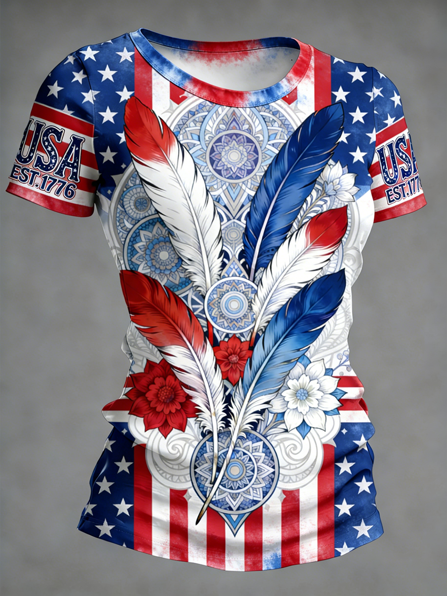 Women's USA EST.1776 Feather Mandala Print T-Shirt