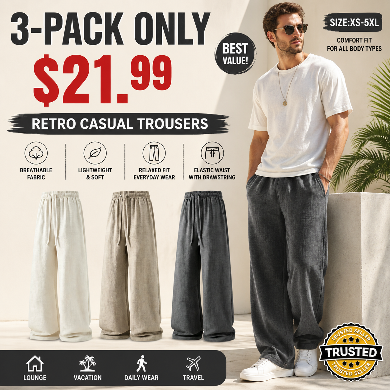 Limited-Time 9-Piece Set – Unisex summer lightweight casual retro pants