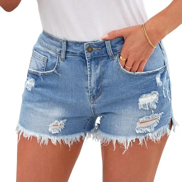 Women's Casual Mid Rise Denim Shorts Stretch Ripped Raw Hem Jean Shorts Basic Fitted Bottom for Summer