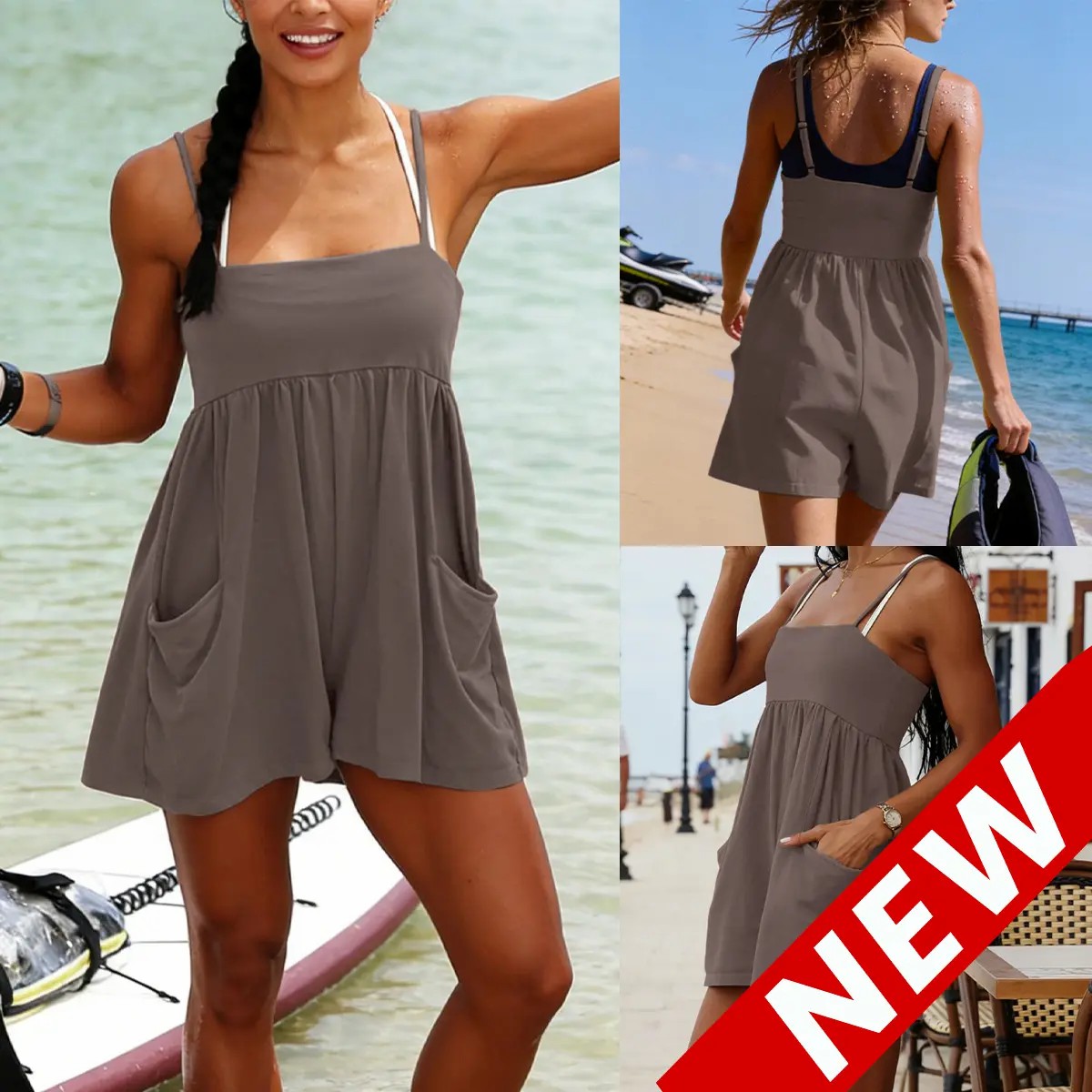 Women's Square Neck Backless Romper – Oversized Cotton Jumpsuit with Pockets & Adjustable Straps