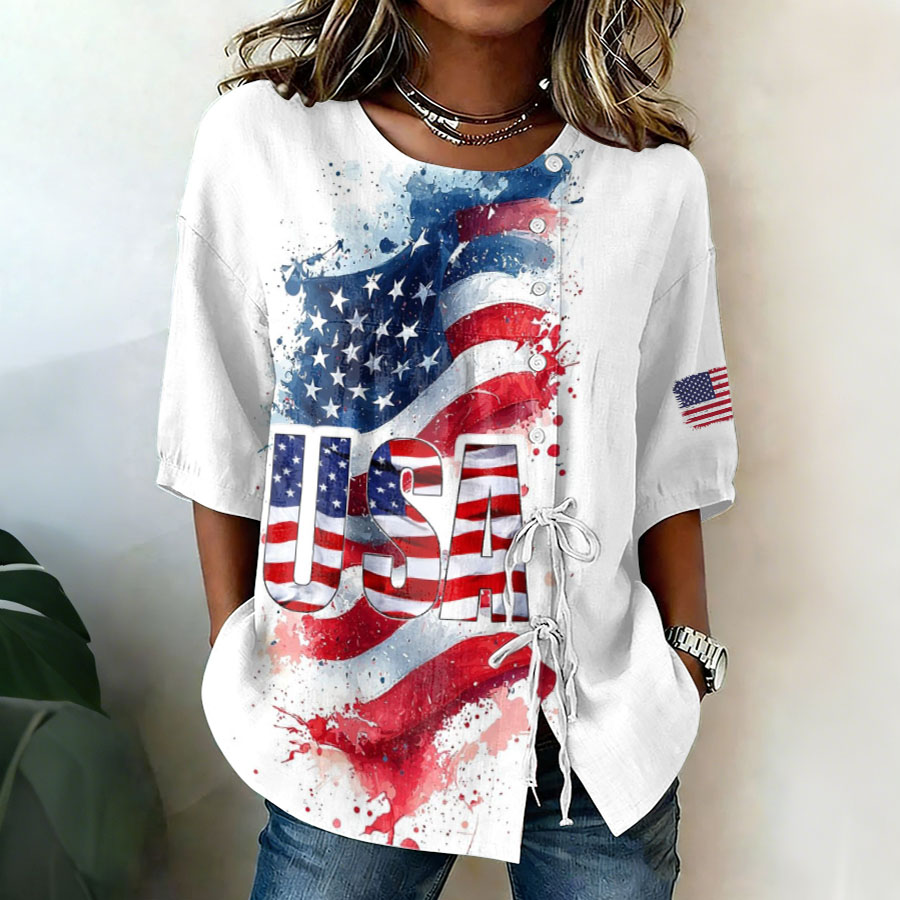 Women'S Cotton And Hemp Patriotic Independence Day Commemorative Printed Casual Shirt