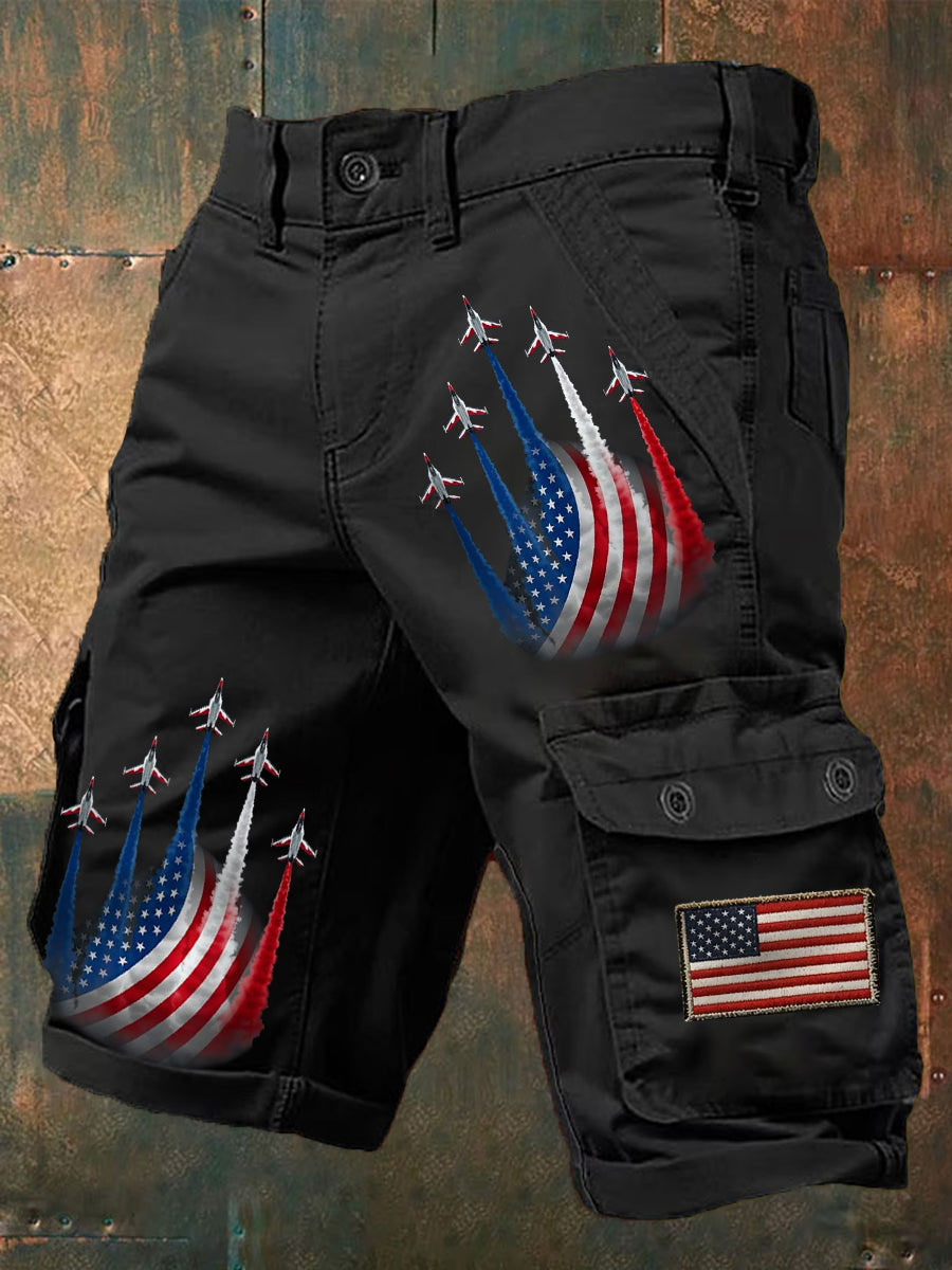 Men's Independence Day American Flag Jet Planes Print Casual Cargo Shorts