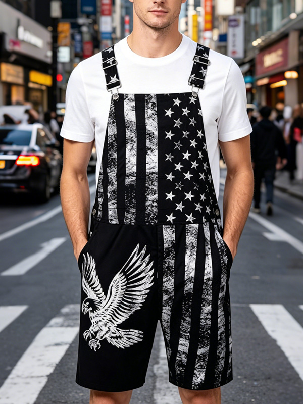 Men's Vintage Distressed American Flag Eagle Print Shorts Overalls