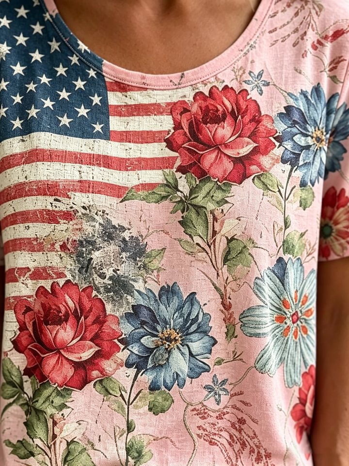 Women's Retro Flag Floral Art Print Casual Short-Sleeve Crew Neck T-Shirt