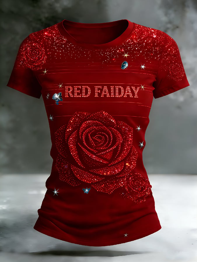 Women's Casual Red Friday Print Short-Sleeve T-Shirt